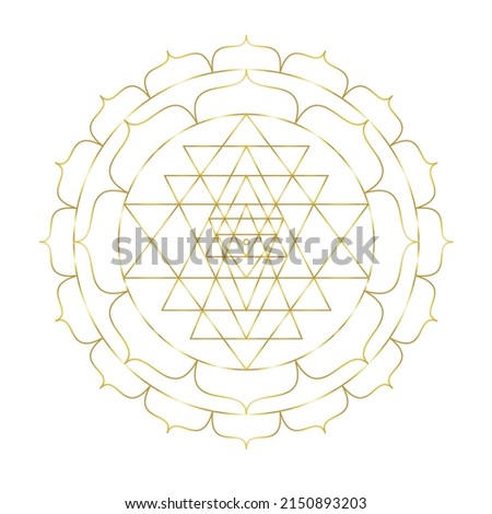Shri Yantra nice triangles, lotus flower gold hollow mystical diagram the “queen of yantras”, isolated on white background.  Royalty-Free Stock Photo #2150893203