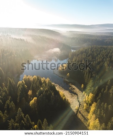Aerial shot of a lake at sunrise in Saxony