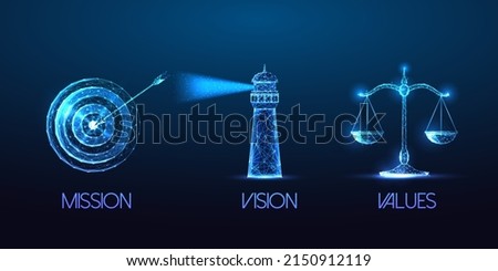 Futuristic mission, vision, values concept with glowing target, lighthouse and scales symbols Royalty-Free Stock Photo #2150912119