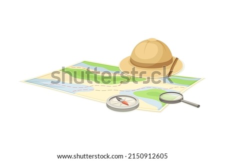 Expedition Map Depicting Geography and Route of Tourist Journey with Compass and Hat Vector Illustration Royalty-Free Stock Photo #2150912605