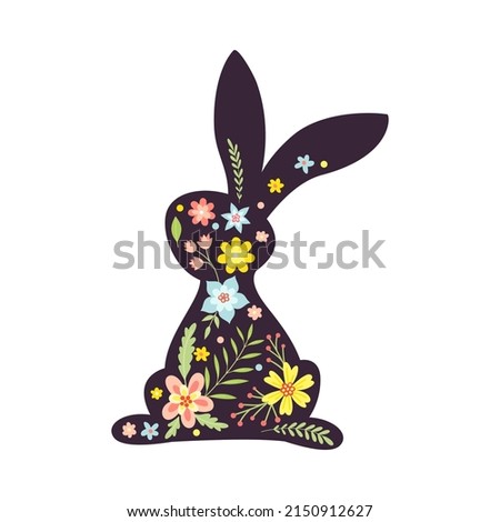 Black Easter Rabbit with Flowers and Floral Decoration Inside Vector Illustration
