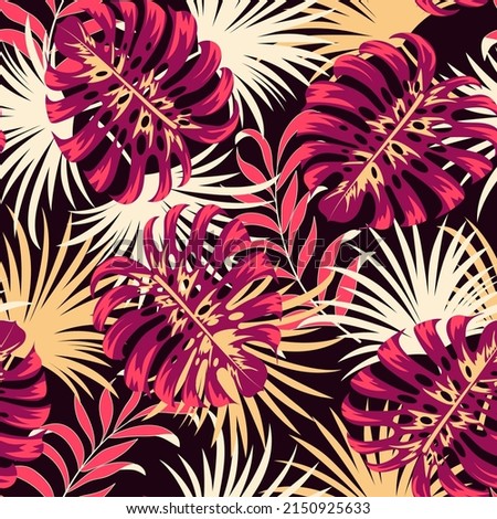 Abstract seamless tropical pattern with bright plants and leaves on a black background. Hawaiian style. Tropic leaves in bright colors. Tropical botanical. Trendy summer Hawaii print.