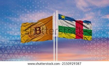The flag of central african republic and the Bitcoin flag are waving over the blue sky Royalty-Free Stock Photo #2150929387