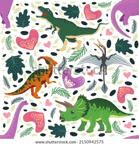 Hand drawn seamless pattern with dinosaurs and tropical leaves and flowers. Perfect for kids fabric, textile, nursery wallpaper. Cute dino design.
