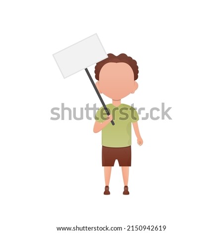 A cute little boy with a blank sign. Isolated. Cartoon style. Vector illustration.