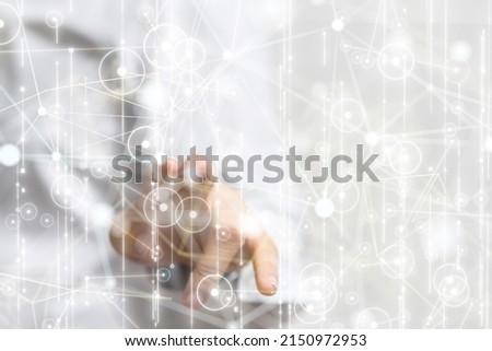 A male hand touching Neural network 3D illustration on the screen, Big data and cybersecurity
