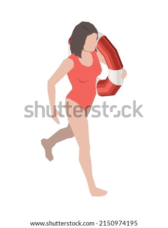 Beach lifeguards isometric composition with human character of woman with inflatable ring vector illustration
