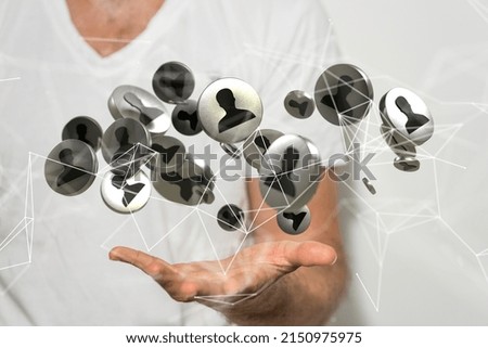A 3D render of team communication and abstract social network connection symbols on a male hand with a blurry background