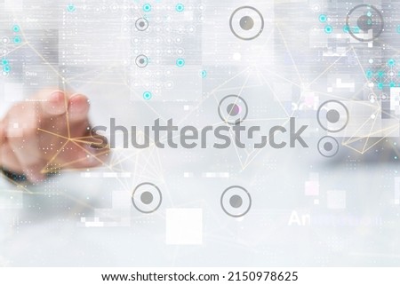 A male fingers touching 3D illustration Neural network on the screen, Big data and cybersecurity