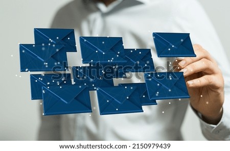 A 3D render of an email symbol and Network Communications with male hands on a blurry background