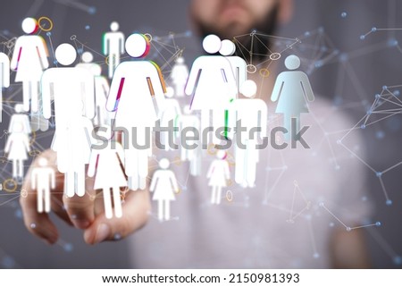 A 3D rendering of a businessman pointing at a group of people icons - communication concept