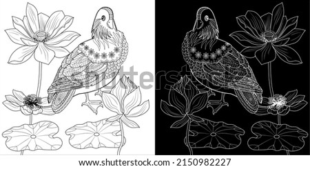 Art therapy coloring page. Birds hand drawn in vintage style with flowers. Asian duck and lilies. The art of linear engraving. Bird concept. Romantic concept.