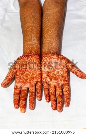 Mehandy design in bride hand with white background.