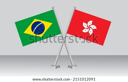 Crossed flags of Brazil and Hong Kong. Official colors. Correct proportion. Banner design