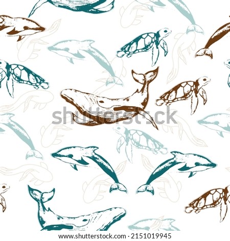 Cute seamless pattern with colorful sea animals.  Vector Illustration.
