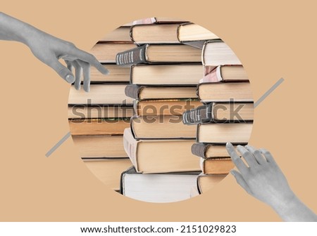 Woman hands directing to books stack. Contemporary art collage on pastel background. Education, intellectual development, getting knowledge and wisdom concept. High quality photo