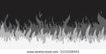 Ablaze. gray, black Fire flames. Cartoon, fire or flame sign. Drawn flames pattern. Funny vector flamme icon. Drawing burn, bonfire, campfire banner. Torch flame. Inferno fire. Fireman's job.
