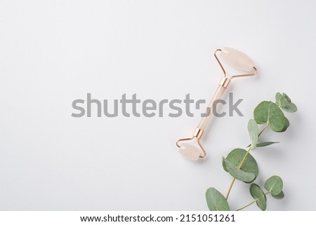 Skincare procedure concept. Top view photo of rose quartz roller and eucalyptus on isolated white background with empty space