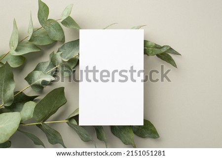 Business concept. Top view photo of paper sheet over eucalyptus on pastel grey background with blank space
