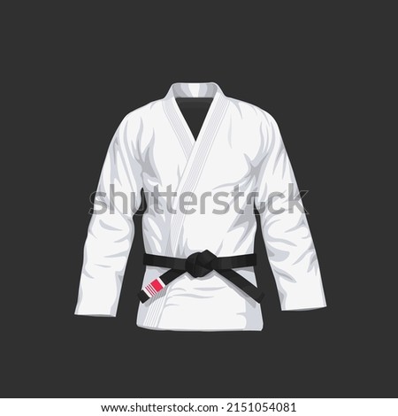 BJJ Gi with black belt vector illustration in flat style. Brazilian Jiu-Jitsu white kimono. Isolated. on black background. Royalty-Free Stock Photo #2151054081