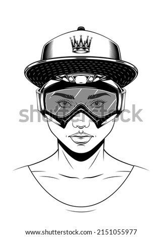 Vintage monochrome drawing of a woman face with baseball cap and mask. Isolated vector template