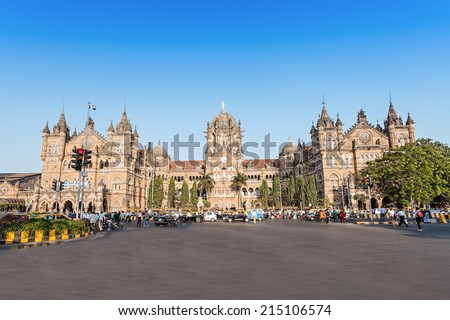 Chhatrapati Shivaji Terminus (CST) is a UNESCO World Heritage Site and an historic railway station in Mumbai, India Royalty-Free Stock Photo #215106574