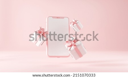 mobile phone mockup with Pink blank screen and carboard box with gifts. Shipping service. Shopping online and e-commerce concept. 3d rendering illustration.