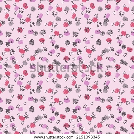 Doodle strawberries, flowers and hearts seamless pattern.  Perfect for scrapbooking, textile and prints. Hand drawn illustration for decor and design.