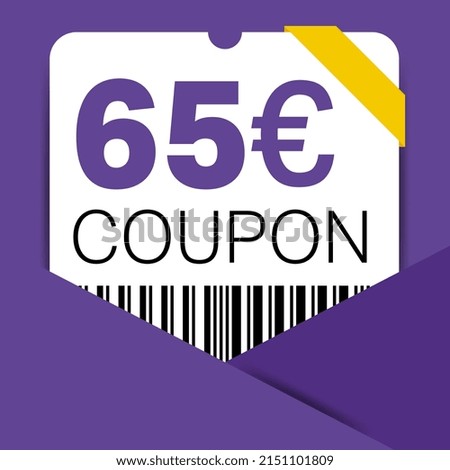 65 Euro Coupon promotion sale for a website, internet ads, social media gift 65 off discount voucher. Big sale and super sale coupon discount. Price Tag Mega Coupon discount with vector illustration.