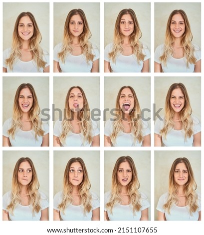 Be whoever you want to be. Composite shot of a young woman making various facial expressions in studio. Royalty-Free Stock Photo #2151107655