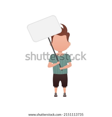 Cute little baby boy with a blank banner. Isolated on white background. Vector illustration in cartoon style.