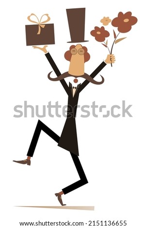 Man in the top hat with flowers and a present illustration. Cartoon man in the top hat with hands up holding flowers and a present box isolated on white background