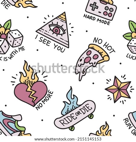Old school simple tattoo designs print fabric seamless pattern. Doodle style Tattoo background with rockabilly elements, phrases and quots. Trendy Tattoo designs for tee print fabric Royalty-Free Stock Photo #2151145153