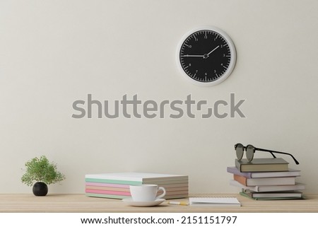 3d render illustration Education concept background. Stack of books, and clock on the wall also glasses on the school desk over wooden background. Copy space for text