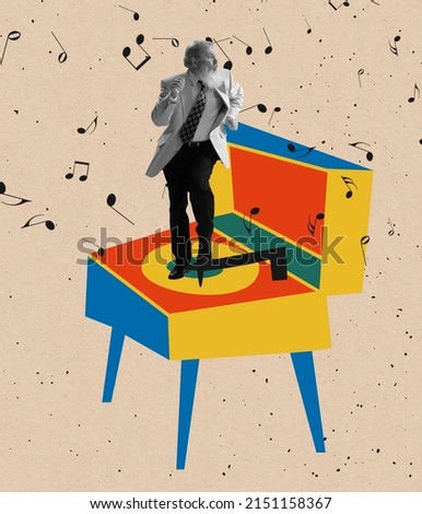 Timeless music. Senior man dressed in 70s, 80s fashion style dancing retro dance on drawn vintage gramophone on light background. Contemporary art collage. Minimalism. Art, fashion and music.