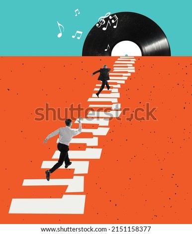 Two men running away isolated over green and oranger background. Concept of music lifestyle, creativity, inspiration, imagination, ad. Design for greeting card, magazine cover