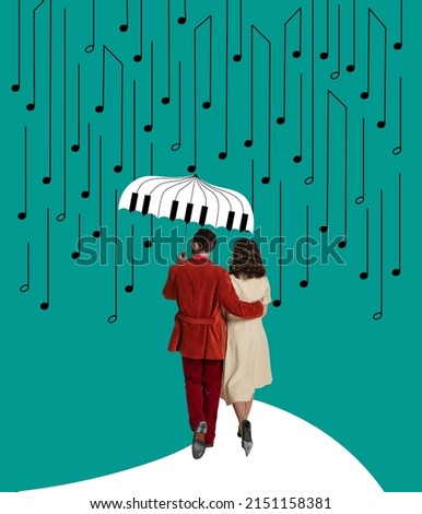 Contemporary art collage with couple walking under rain of music notes isolated over blue background. Concept of music, creativity, inspiration, imagination, ad. Design for greeting card, magazine