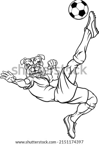 A bulldog soccer football player cartoon animal sports mascot kicking the ball