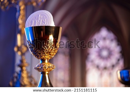 First Holy Communion ceremony. Place for typography.  Royalty-Free Stock Photo #2151181115