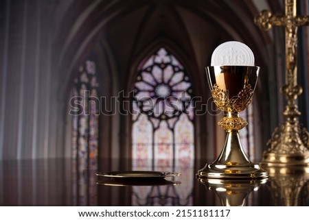 First Holy Communion ceremony. Place for typography.  Royalty-Free Stock Photo #2151181117