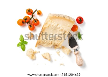 Piece of Parmesan cheese with cherry tomatoes and fresh basil leaves  isolated on white background, top view Royalty-Free Stock Photo #2151204639