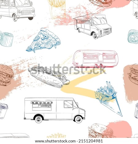 Hand drawn seamless pattern street food, food truck. Vector illustration art.