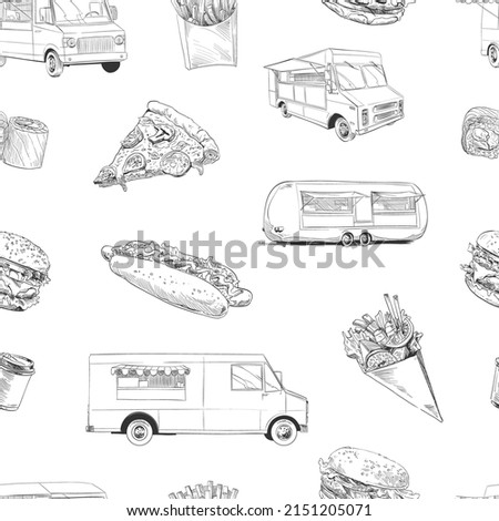Hand drawn seamless pattern street food, food truck. Vector illustration art.