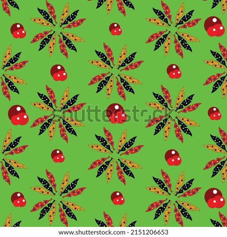 Pattern background - spotted leaves with bright red aligned balls - on a green background - isolated