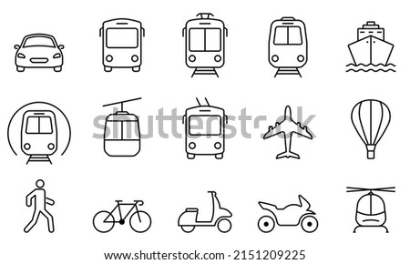 Vehicle, Air, Railway, Bike Transport Line Icon. Car, Bus, Tram, Train, Metro, Plane and Ship Linear Pictogram. Public Transport Station Outline Sign. Editable Stroke. Isolated Vector Illustration. Royalty-Free Stock Photo #2151209225