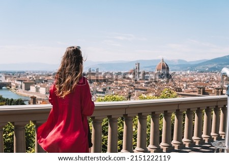 Beautiful landscape above, panorama on historical view of the Florence from Piazzale Michelangelo point . Florence, Tuscany, Italy. Royalty-Free Stock Photo #2151222119