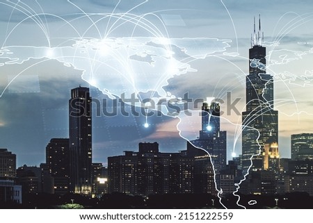 Double exposure of abstract digital world map hologram with connections on Chicago office buildings background, big data and blockchain concept