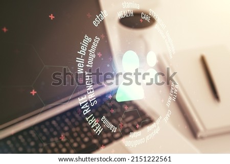 Double exposure of people icons hologram on laptop background. Online insurance service concept