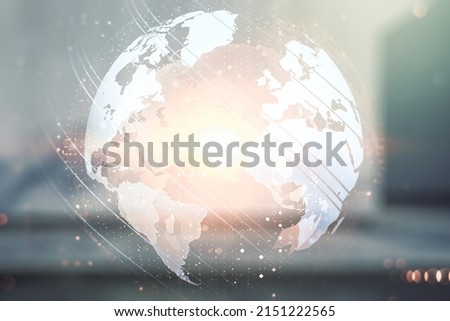 Abstract creative world map interface on blurry modern office building background, international trading concept. Multiexposure