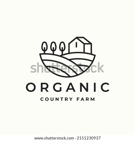 Organic country farm logo. Farmhouse icon. Hillside farmstead sign. Vineyard fields landscape and house symbol. Vector illustration. Royalty-Free Stock Photo #2151230937
